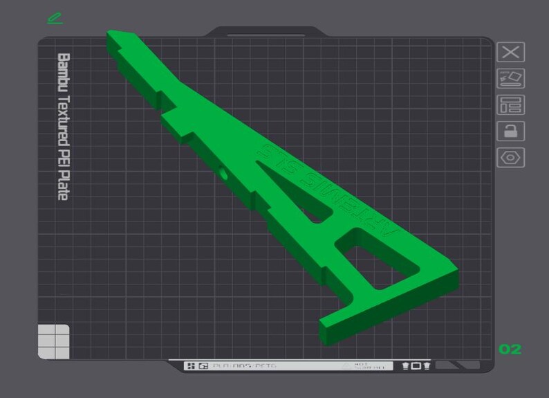 May include: A green plastic 3D printed object shaped like a letter A with the text "Bambu Textured PEI Plate" on the side. The object is on a gray grid background.