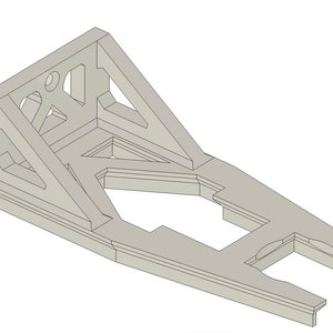 May include: A 3D printed model of a geometric structure with a triangular base and a rectangular top. The structure has several open spaces and a hole in the top.