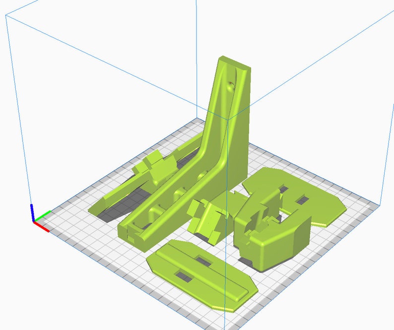Puede incluir: Un conjunto de cinco piezas de pl&aacute;stico impresas en 3D de color verde lima. Las piezas son de diversas formas y tama&ntilde;os, incluyendo una pieza rectangular alta con un agujero en la parte superior, una pieza rectangular m&aacute;s peque&ntilde;a con un borde curvo y una pieza curva con un agujero en el centro.