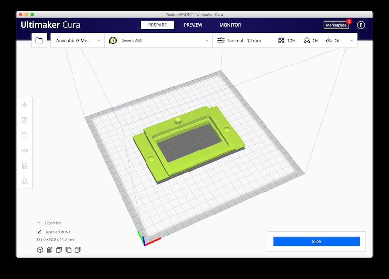 May include: A 3D model of a green plastic object with a rectangular cutout. The model is displayed on a gridded surface in a 3D modeling software program. The software interface includes buttons for "Prepare", "Preview", "Monitor", and "Slice".