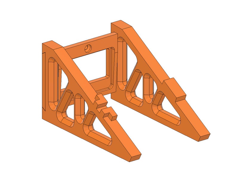Op de afbeelding: Oranje plastic wandbeugel met een driehoekig ontwerp en een rechthoekige opening in het midden. De beugel is ontworpen om een apparaat of object te houden.