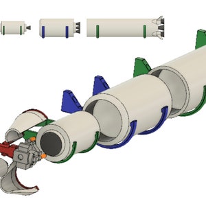 May include: A 3D model of a rocket with multiple sections, each section is a different color. The rocket is assembled with a green, blue, and white color scheme. The rocket is disassembled into its individual sections, showing the different parts of the rocket.