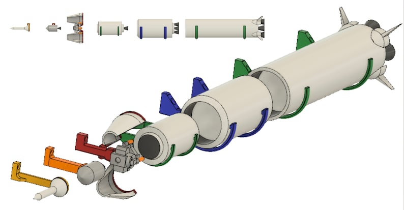 May include: A 3D model of a rocket with multiple sections, each section is a different color. The rocket is assembled with a green, blue, and white color scheme. The rocket is disassembled into its individual sections, showing the different parts of the rocket.