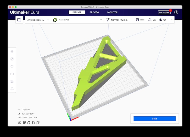 May include: A 3D model of a green object with a complex design is shown on a computer screen. The object is 195.2 x 177.2 x 16.1 mm. The screen shows the Ultimaker Cura software, which is used for 3D printing.