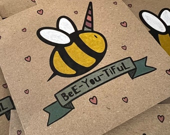 Bee Card, Any Occasion, Bee Unicorn, Bee-You-tiful, Eco Friendly Handcrafted, Drewmonts Little Bee Cards, No Plastic.