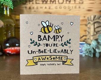 Bee Card, Bampy, Father's Day Card, Bampy you're Un-Bee-Lievably Awesome, Eco Friendly Handcrafted, Drewmonts Little Bee Cards, No Plastic.