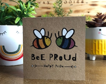 Bee Card, Pride Cards, Bee Proud Happy Pride, Eco Friendly Handcrafted, Drewmonts Little Bee Cards, No Plastic.