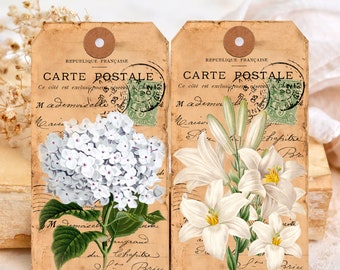 Vintage French Ephemera White Flowers Tags with Brown and Colored Reinforced Holes - Digital Download