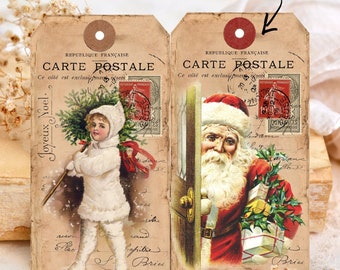 Vintage Distressed French Christmas Tags with Brown and Red Reinforced Holes - Digital Download