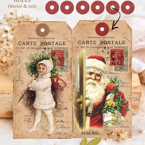 Vintage Distressed französische Weihnachtsanhänger mit braunen und roten verstärkten Löchern - Digital Download
