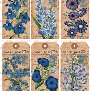 Vintage French Ephemera Blue Flowers Tags with Brown and Blue Reinforced Holes Digital Download image 3