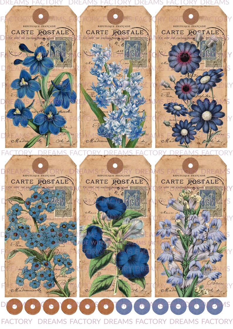 Vintage French Ephemera Blue Flowers Tags with Brown and Blue Reinforced Holes Digital Download image 3