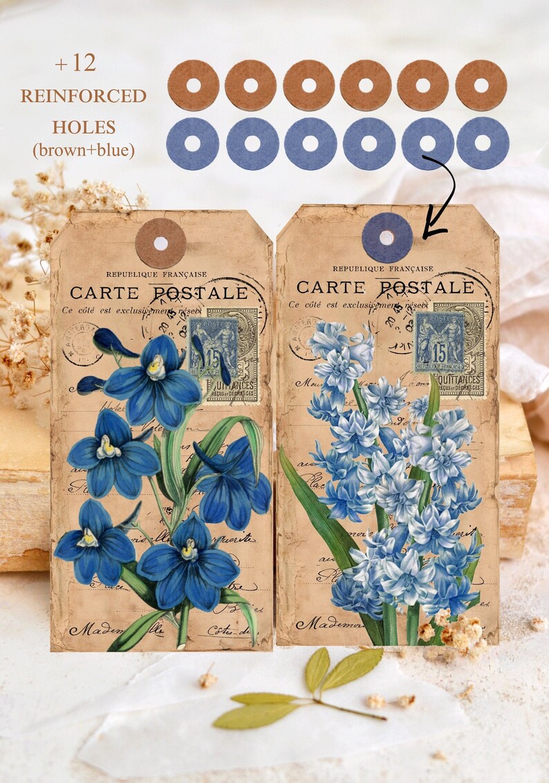 Vintage French Ephemera Blue Flowers Tags with Brown and Blue Reinforced Holes Digital Download image 2