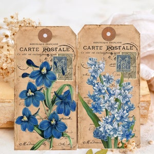 Vintage French Ephemera Blue Flowers Tags with Brown and Blue Reinforced Holes - Digital Download