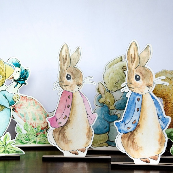 Ensemble de 7 figurines Peter Rabbit & Friends | Centre de table en bois Pierre Lapin | Décoration de baptême en bois Beatrix Potter