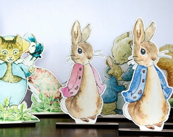 Figurines Peter Rabbit & Friends | Centre de table en bois Pierre Lapin | Décoration de baptême en bois Beatrix Potter | Décoration d'anniversaire