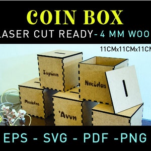 Coin box design for laser cut for 4 mm wood | Piggy Bank laser cut design for download | Digital money box file