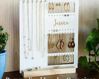 Organizador de joyas personalizado / Soporte para pendientes y collares / Exhibidor de joyas con base de pino / Regalo para ella