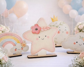 Celestial Baby Shower Decorations Set of 8 | Boho Rainbow Wooden Table Decor | Boho Baby Party Centerpieces | Sun Moon Rainbow Wood Stands