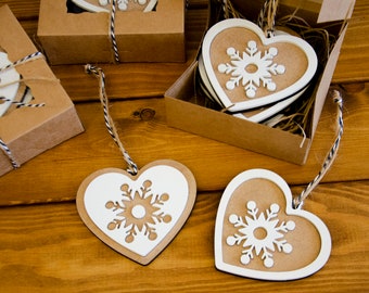 Adornos de corazón de Navidad Conjunto de 2 o conjunto de 5, Corazón de copo de nieve, Decoraciones de árboles de Navidad, Adornos de madera