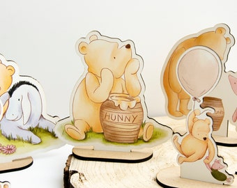 Winnie The Pooh Figures | Pack of 10 Wooden Winnie The Pooh Centerpiece Cutouts | Winnie Christening Decoration | Birthday Decoration