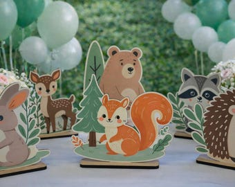 Woodland Animals Wooden Table Decor Set of 6 | Forest Baby Shower Decorations | Squirrel, Bear, Deer Bunny, Centerpieces | Woodland Party