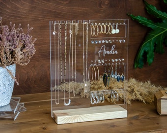 Support à bijoux personnalisé, organisateur de boucles d'oreilles en acrylique transparent avec votre nom, support à bijoux avec base en bois, support à bijoux prénom gravé