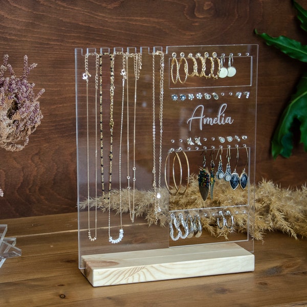 Personalised Jewellery Stand, Clear Acrylic earring organizer with your name, jewelry stand with wooden base, Engraved name Jewelry stand