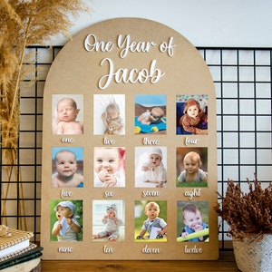 Tableau photo en bois pour bébé d'un an | Tableau photo personnalisé pour la première année de bébé | Cadeau anniversaire bébé | Cadeau de premier anniversaire des parrains et marraines