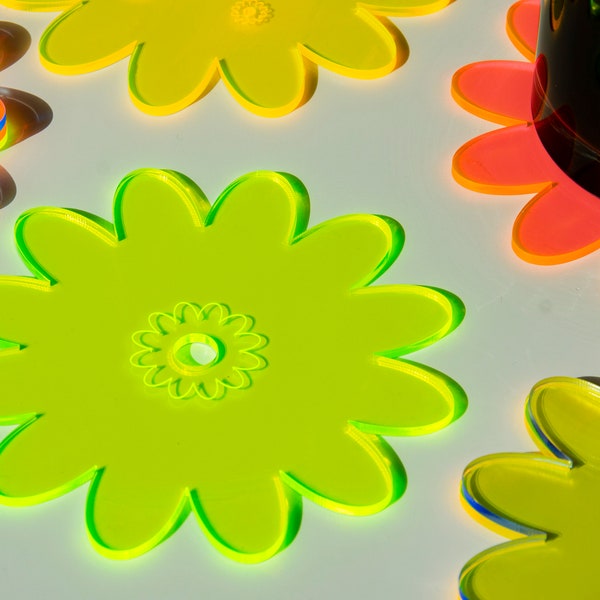 Maximalist Kitchen Coasters - Set of 4 Neon Retro Coasters for Colorful Home Decor - Acrylic Fluorescent Drink Coasters