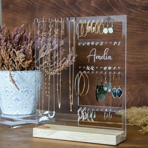 Personalised Jewellery Stand, Clear Acrylic earring organizer with your name,  jewelry stand with wooden base, Engraved name Jewelry stand