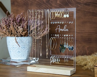 Stand de bijoux personnalisé, organisateur de boucles d’oreilles en acrylique transparent avec votre nom, stand de bijoux avec base en bois, stand de bijoux de nom gravé