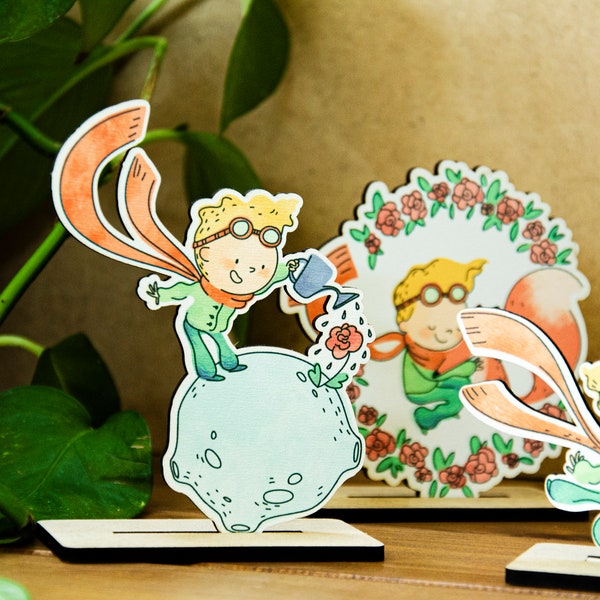 Figurines Le petit prince et le renard | Lot de 10 décorations Petit Prince | 10 ornements de décoration de fête en bois représentant le Petit Prince