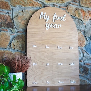 12 mois de | Conseil de première année | Accessoire de photographie | Tableau photo en bois à mémoire de forme | Décoration personnalisée pour premier anniversaire | Signe de jalons