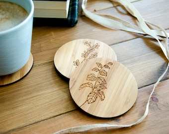 Floral Engraved Bamboo Coasters | Rustic Drink Coaster Set
