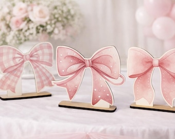 Pink Pastel Bow Wooden Table Decoration Set of 3 | Baby Shower Centerpieces | Christening Decorations | Girl Birthday Party Decor
