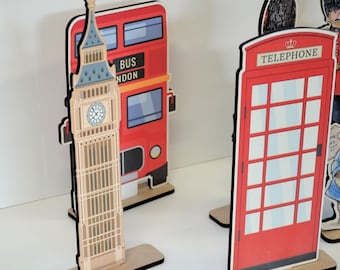 Set of 4 London Theme Bear Figurine Party Decor | British City Landmark Table Decoration | Storybook Birthday Event Display