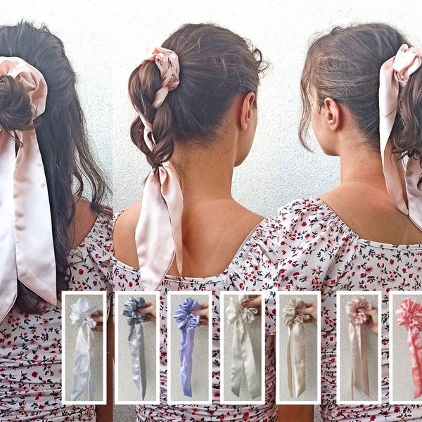 Wholesale Long Bow Medium Size | Satin Gentle Tones Hair Scrunchie Scarf | Hair Ties | Women’s Hair Bands | Scrunchie Hair Scarf Sets