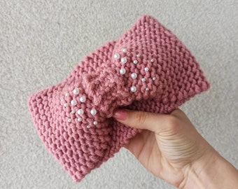 Pearl bow winter knitted woolen headband (earwarmer) for women and children