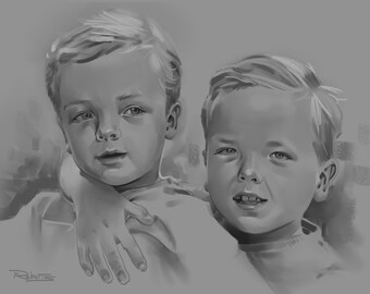 Handmade Digital Duo/Couple Portrait Painting - Black and White - Digital File, No Shipping! Print Up to 16x20"