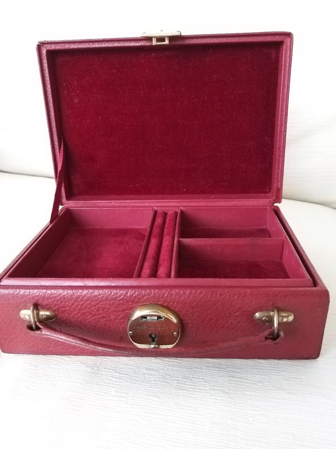 Antique Red Leather Jewellery Case, Travelling Case, Jewellery, Storage