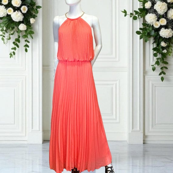 coral pleated maxi dress Dreaming in Color Coral V-Neck Pleated Satin Maxi Dress