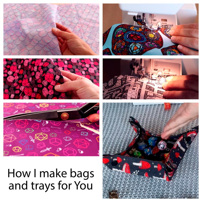 May include: A collage of images showing the process of making fabric bags and trays. The images show fabric being cut, sewn, and assembled. The final image shows a finished tray with dice inside.