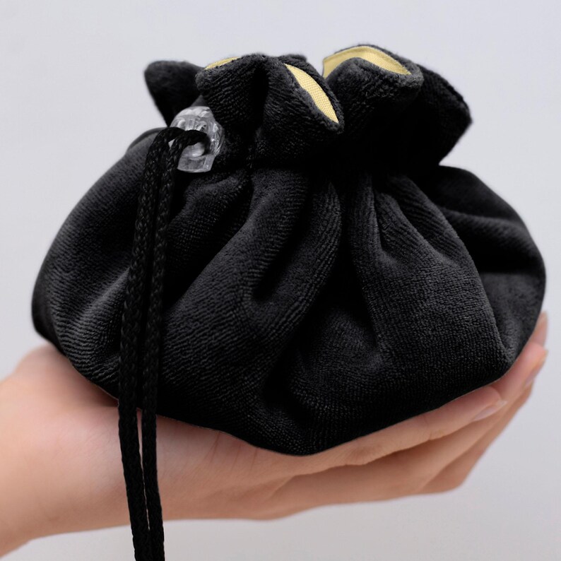 Black velvet DnD dice bag with drawstring and plastic clip