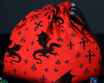 Dragon dice bag for mtg with pockets, black gothic dragons on red for tabletop player