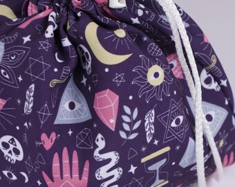 Witch dice bag with pockets for DnD players, occult RPG pouch