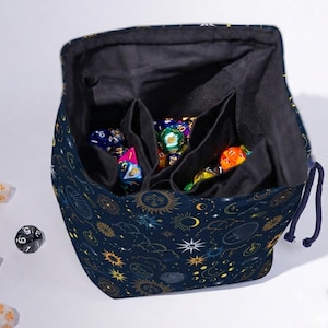 Large cosmic dice bag with pockets, holds 300 dice, sun moon stars dnd pouch