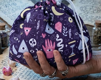 Tarot dice bag with pockets for dnd, occult drawstring pouch for rpg player gift
