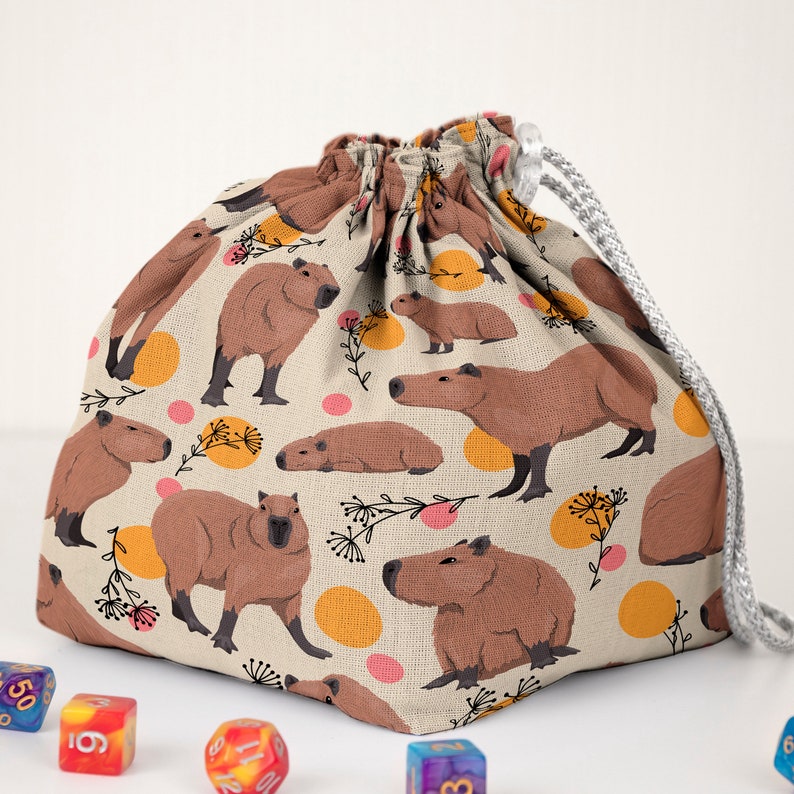 Capybara dice bag, DND gifts, Large dice bag with pockets, best dice bags with pockets