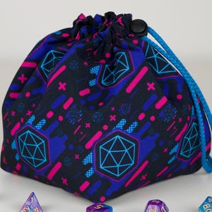 Dark fantasy dice bag, d20 print on blue gabardine, handmade rpg pouch